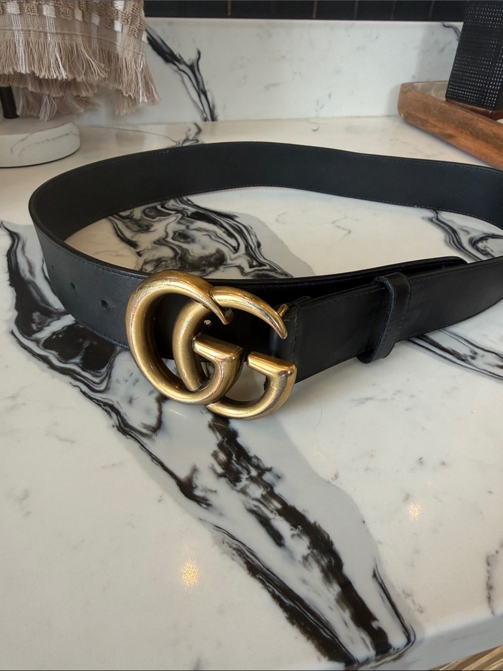 Authentic Gucci Black Leather Belt with Gold Double G Signature Buckle